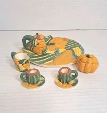 Young’s Inc Mini Pumpkin Tea Set Fall Ceramic Cups Teapot Plate Cream Sugar Jar