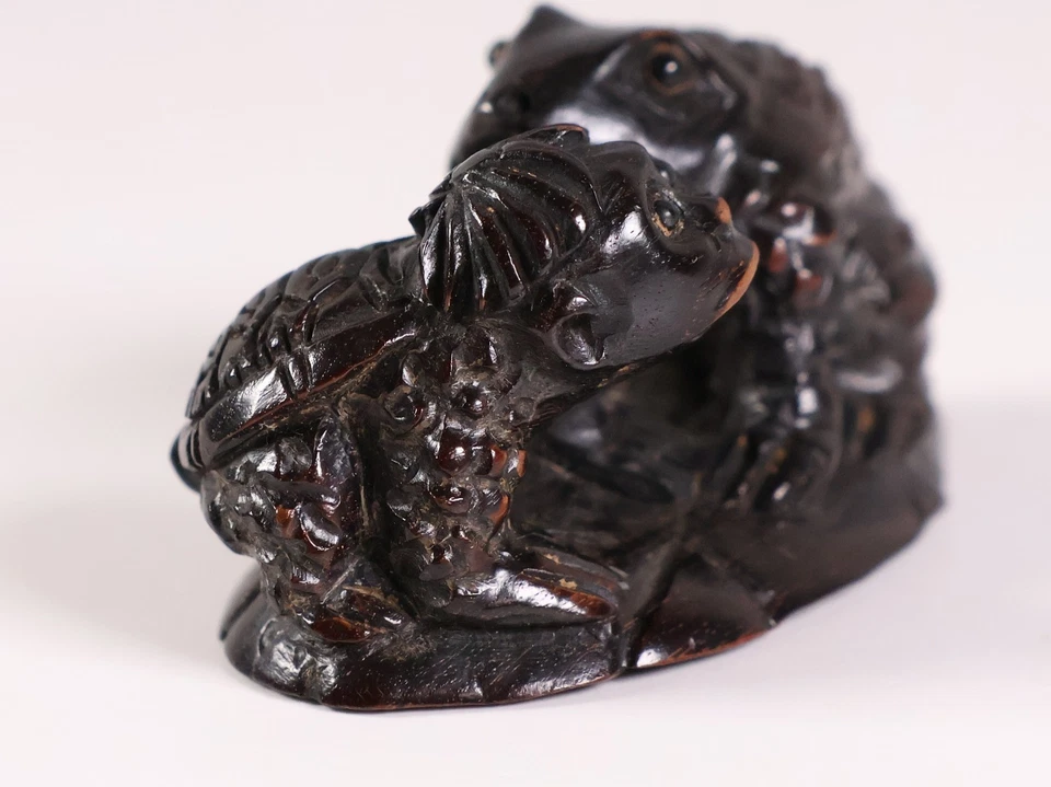 Japanese Wooden Frog & Kappa Netsuke 1.9inch Inro Ojime Figurine Marked Nissho - Image 4 of 4