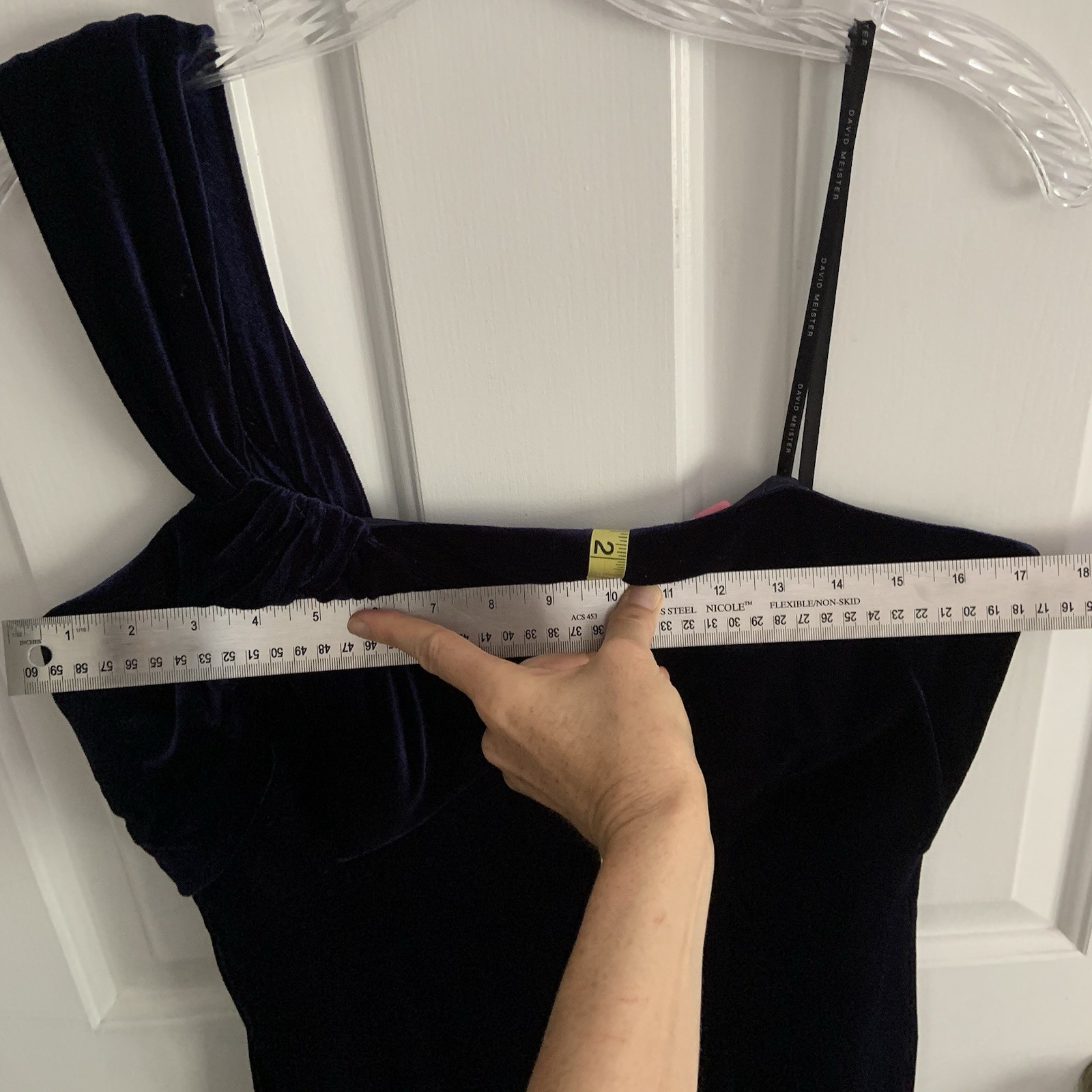 David Meister Boned support Blue Velvet one shoulder Party Cocktail Dress sz 10