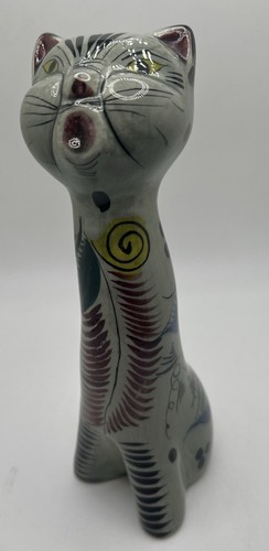 Vintage Tonala Pottery Mexico Ceramic Cat Figure by Noe Suro Folk Art - Picture 1 of 8