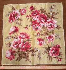 vintage square scarf 100 rayon 10360 Japan red and brown flowers on gold field