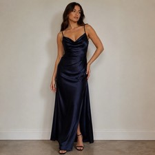 Windsor Navy Blue Satin Cowl Neck Maxi Dress Slit Elegant Wedding Formal Sz XL