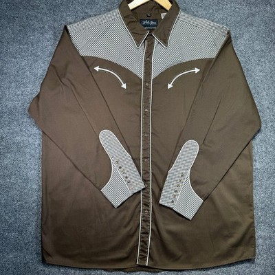 White Horse Western Pearl Snap Shirt Mens XXL Brown Gingham Yoke Smiley Pockets