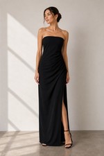 NWT St. John Couture Strapless Evening Dress Black Side Ruched Wool Blend Sz 6