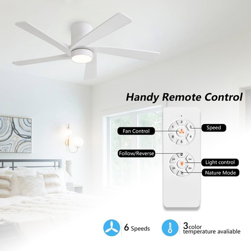 54 Inch Flush Mount DC Ceiling Fan with Lights and Remote, 5 Reversible Carve... - Picture 2 of 8