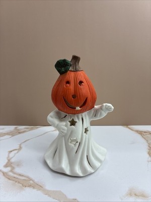 Vintage Pumpkin Ghost Tealight Candle Holder Ceramic Halloween Decor Figurine