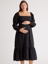 Quince 100% Organic Cotton Gauze Maternity Smocked Midi Dress Black Large