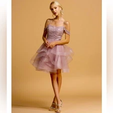 Aspeed Pink Ruffled Layered Off Shoulder Beaded Short Gown Semi-Open Back L