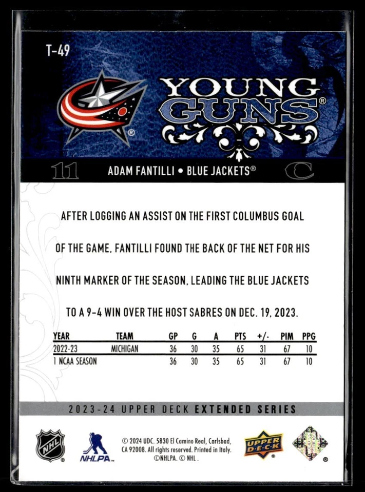 2023-24 Upper Deck Extended Series Young Guns #T-49 Adam Fantilli Rookie RC - Image 2 of 2
