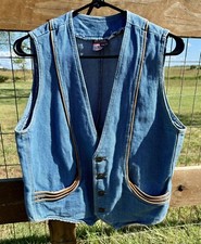 Vintage 1970  s Denim Vest With Leather Piping. Pockets Rare Retro Cool Size L