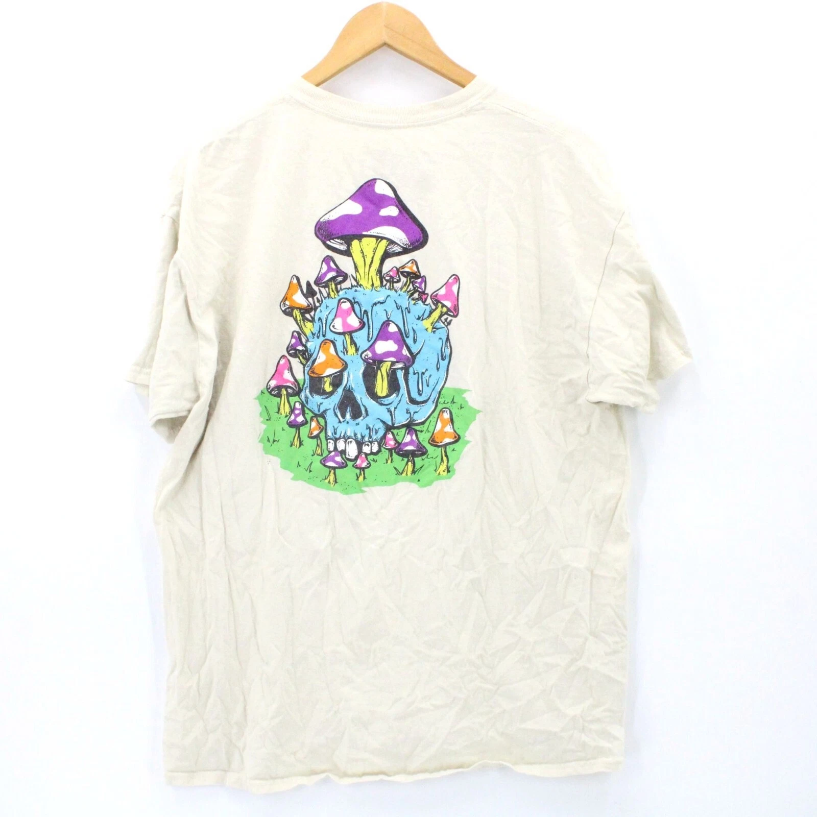 Fresh Vibes Shirt Mens Beige Short Sleeve Mushrooms Skull Graphic Logo Cotton XL