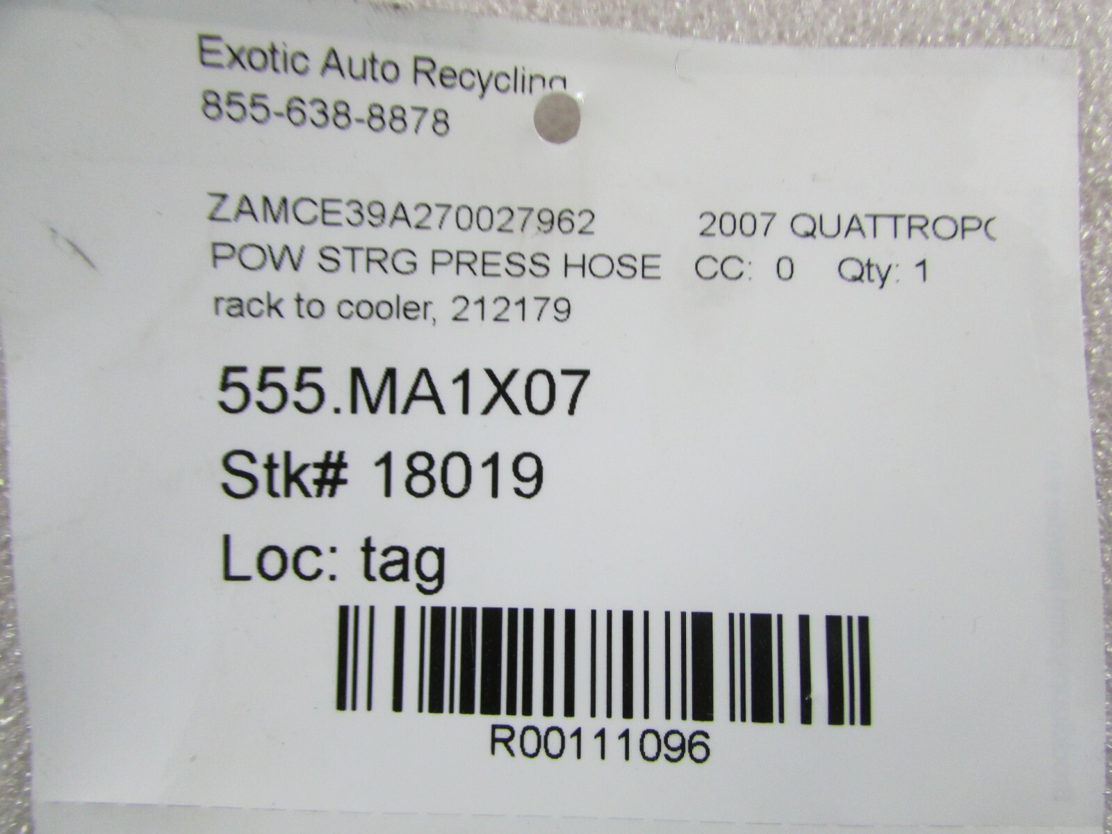 Maserati Quattroporte, Power Steering Rack to Oil Cooler, Used, P/N 212179
