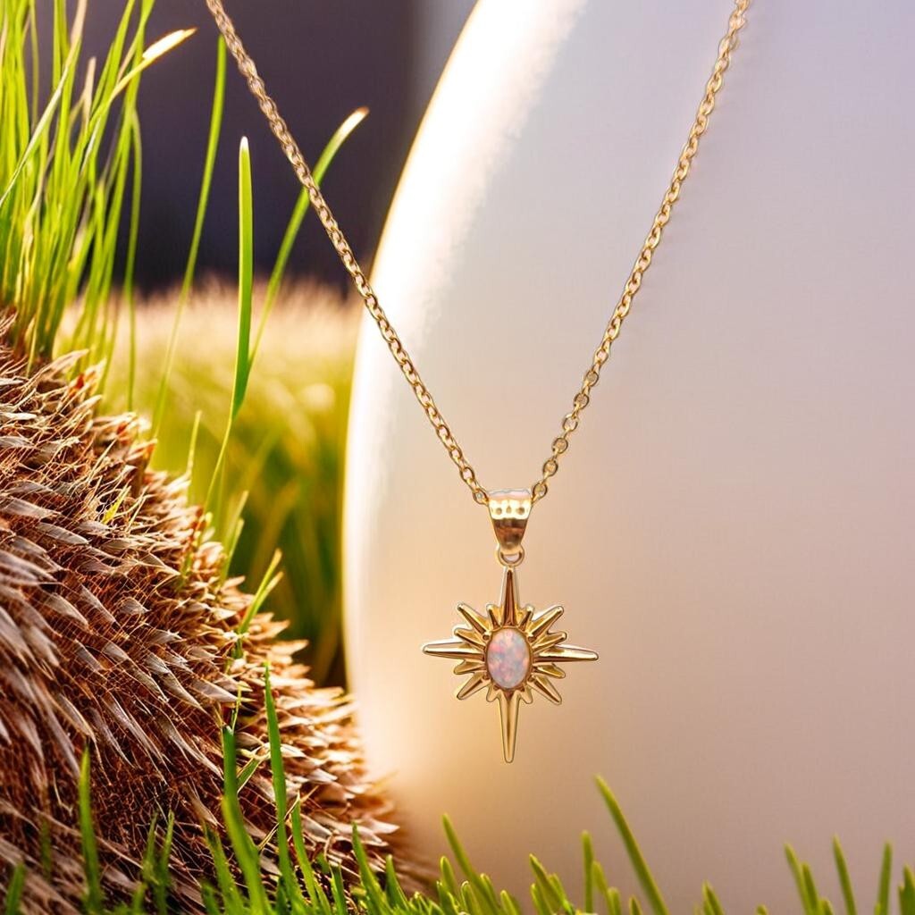 Elegant 18K Gold Opal Star Necklace with Pearl Opal Starburst, 45cm Chain.