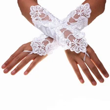 White Bride Wedding Party Evening Dress Lace Satin Bridal Fingerless Gloves US