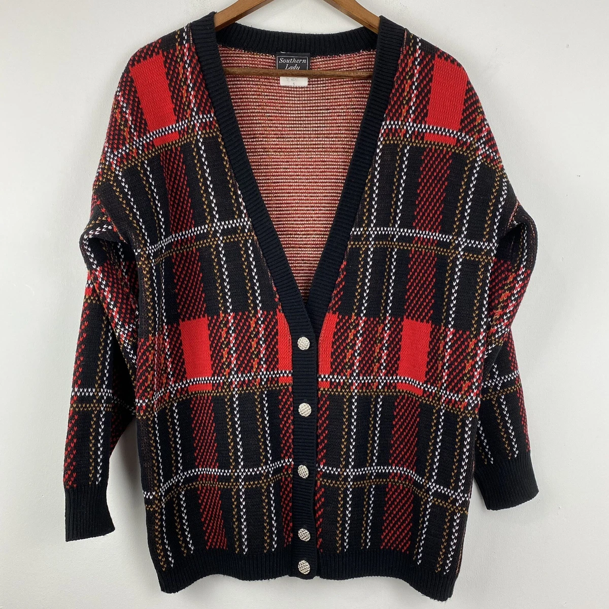 Vintage Southern Lady size Small Women s Black Red Plaid Sweater Cardigan