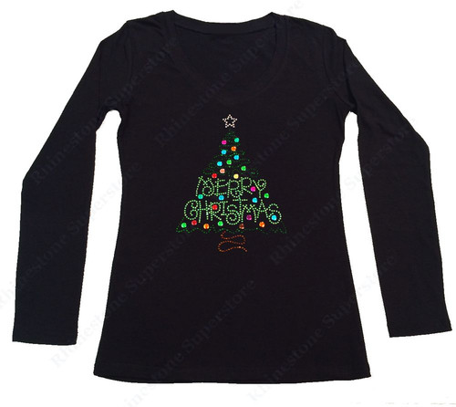 Womens Rhinestone T-shirt " Merry Christmas Green Tree " in S, M, L, 1X, 2X, 3X - Picture 3 of 5