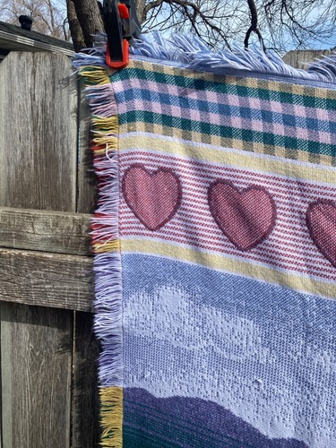 Woven Fringed Heart Flower Tapestry Throw Blue White 47"x 57" Country Farmhouse - Picture 2 of 11