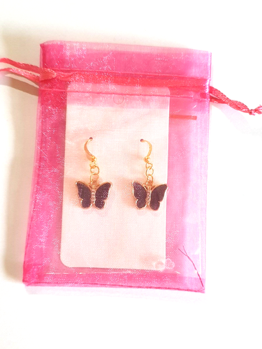 🦋Sweet Black Faux Mother of Pearl/Rhinestone Butterfly Gold Plated Earrings🦋 - Picture 9 of 9