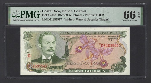 Costa Rica 5 Colones 7-4-1983 P236d Uncirculated Grade 66