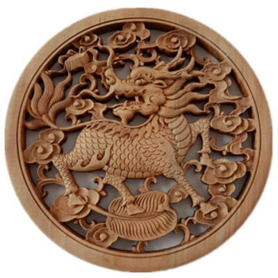 26.5cm Chinese Camphor Wood Hand Carved Kylin Sculpture Plate Wall Statue Decor