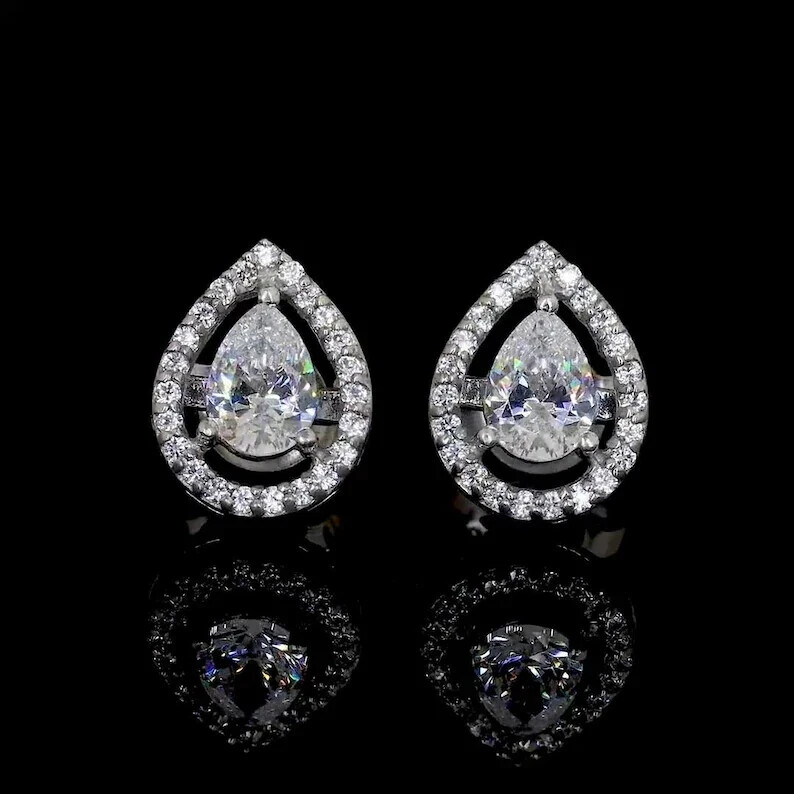 2.10Ct Pear Cut Moissanite Halo Stud Earrings in 14K White Gold Plated