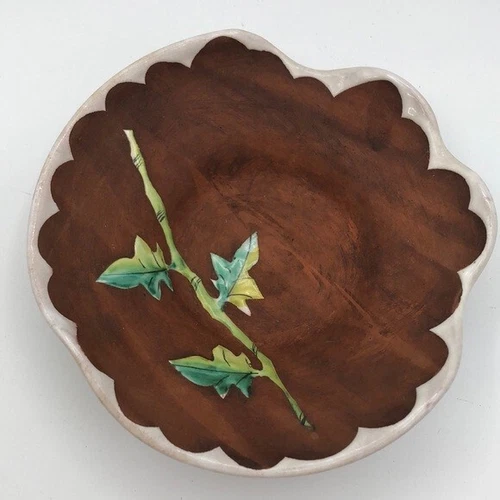 Vintage Raised Leaf Hand Painted Italian Red Ware Trinket Plate Dish