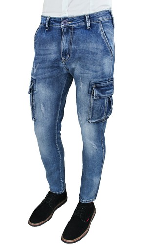JEANS UOMO ELASTICIZZATO CARGO BLU PANTALONE SLIM FIT CON TASCHE LATERALI |  eBay