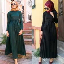 Abaya Women Muslim Pleated Long Sleeve Maxi Dress Dubai Party Kaftan Loose Gown