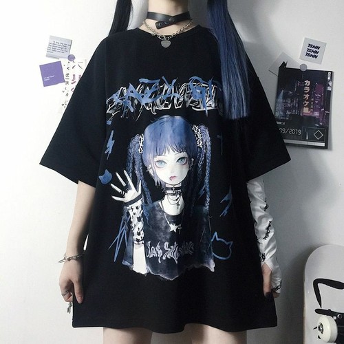 Women Goth T-Shirt Cute Aesthetic Anime Girl Summer Loose Harajuku Punk T- Shirt | eBay