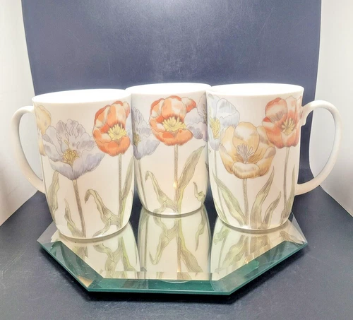 Fitz & Floyd Pastel Poppy Orange Coffee Mugs Japan Discontinued 1976