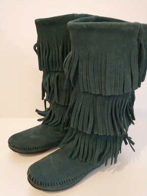 Minnetonka Fringe Boots Teal Leather 