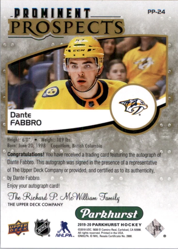 2019-20 Parkhurst Prominent Prospects Autographs Gold #PP24 Dante Fabbro Auto - Image 2 of 2