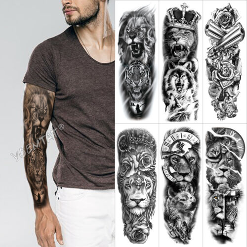 6pcs Large Arm Sleeve Waterproof Temporary Tattoo Stickers Animal Lion Wolf  Men | eBay