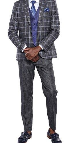 MEN'S 3-PIECE SUIT 48 MEDIUM BLUE GREY CHECKED JACKET, PLAIN PANTS, NAVY VEST - Picture 9 of 10