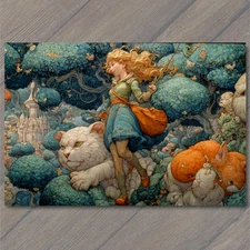 Art Print Girl Castle Forest Whimsical Cats Fantasy Surreal Dream Giant Animals