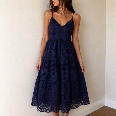 Crown & Ivy Navy Eyelet Midi Dress Sewing Down South Size 4 Preppy Coastal