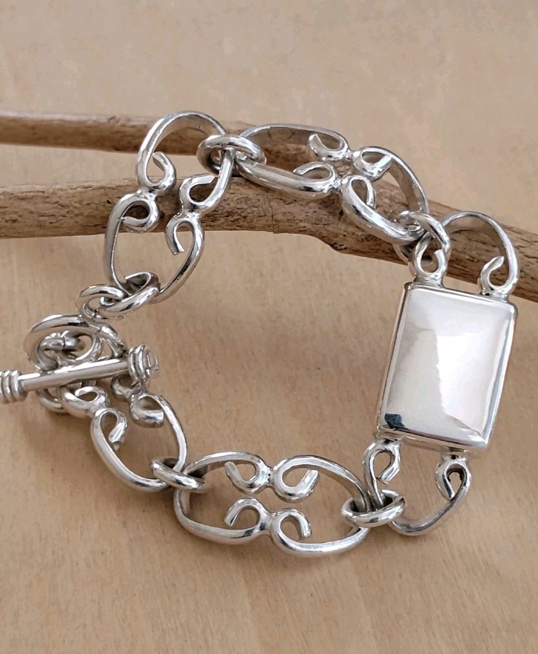 Sterling Silver Scroll-Link Toggle Bracelet Engra… - image 3