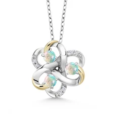 925 Silver and 10K Yellow Gold  White Simulated Opal and White Lab Grown