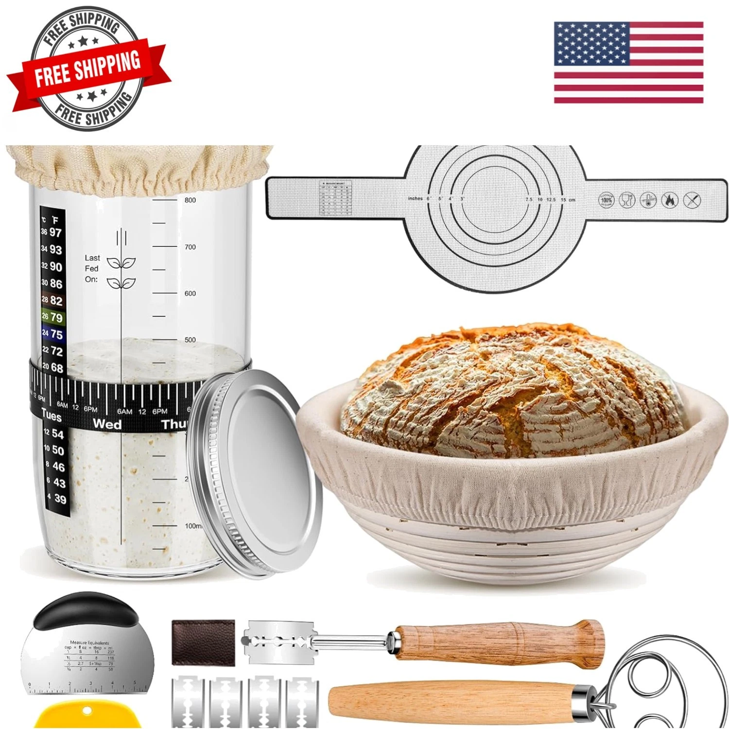 Sourdough Starter Kit, 9'' Round Banneton Proofing Basket, 36oz Sourdough Sta...