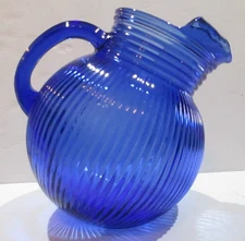 Small Vintage BLUE Ribbed Glass Tilt Ball Jug Pitcher       C107