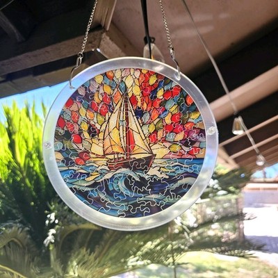 Jigsaw Sailboat Nautical Round Stained Glass Style Suncatcher w/ Chain