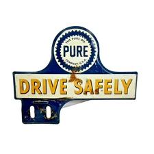 Vintage Metal Pure Oil Company DRIVE SAFELY License Plate Topper