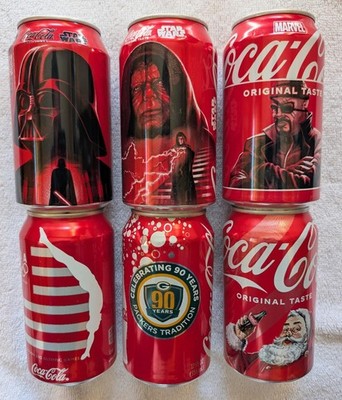 Lot of 6 Coca Cola Cans - 2012 London, Star Wars, Marvel & Green Bay Packers