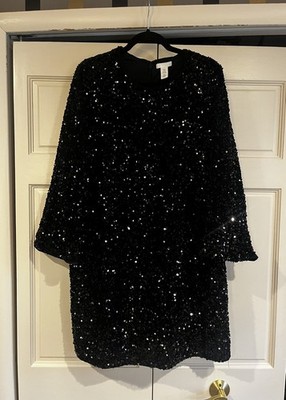 H&M Black Sequin Long Sleeve Mini Dress - Size XXL | eBay
