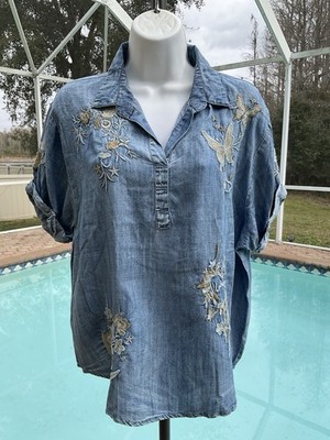 Kyla Seo Stevie Blouse Jean Top Embroidered Caite Small Love   Butterfly  NWT