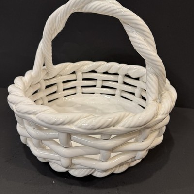 Studio Nova Portugal Large White Ceramic Woven Bread Flower Fruit Basket Bowl