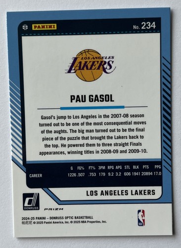 2024-25 DONRUSS OPTIC PAU GASOL LEGENDS HOLO SILVER PRIZM #234 LAKERS - Picture 2 of 2