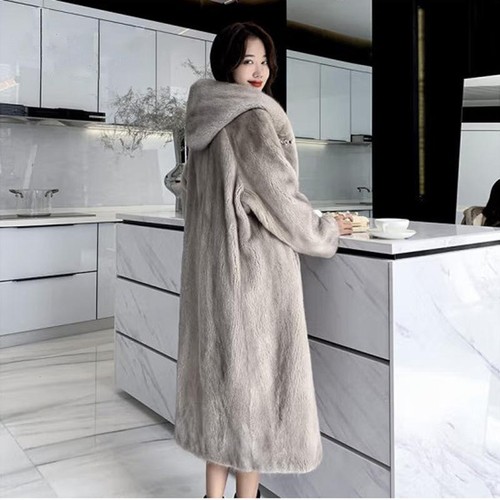 Abrigo largo de piel sintética con capucha de invierno para mujer cálido peludo informal calce suelto abrigos - Imagen 4 de 8
