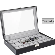 3/6/10/12/24 Slots Watch Box Jewelry Display Case Organizer Top Glass Storage