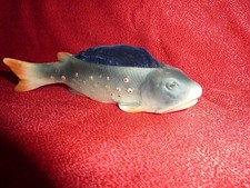 VINTAGE PORCELAIN 15CM LONG GREY AND PINK TROUT OR SALMON FISH SHAPE PIN CUSHION
